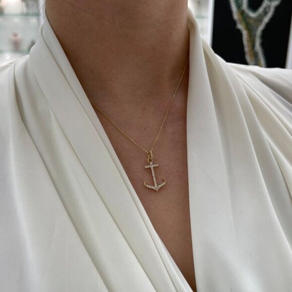 0.45tcw 14K Diamond Anchor Pendant Necklace, Pave Gold Anchor Necklace - Picture 7 of 7